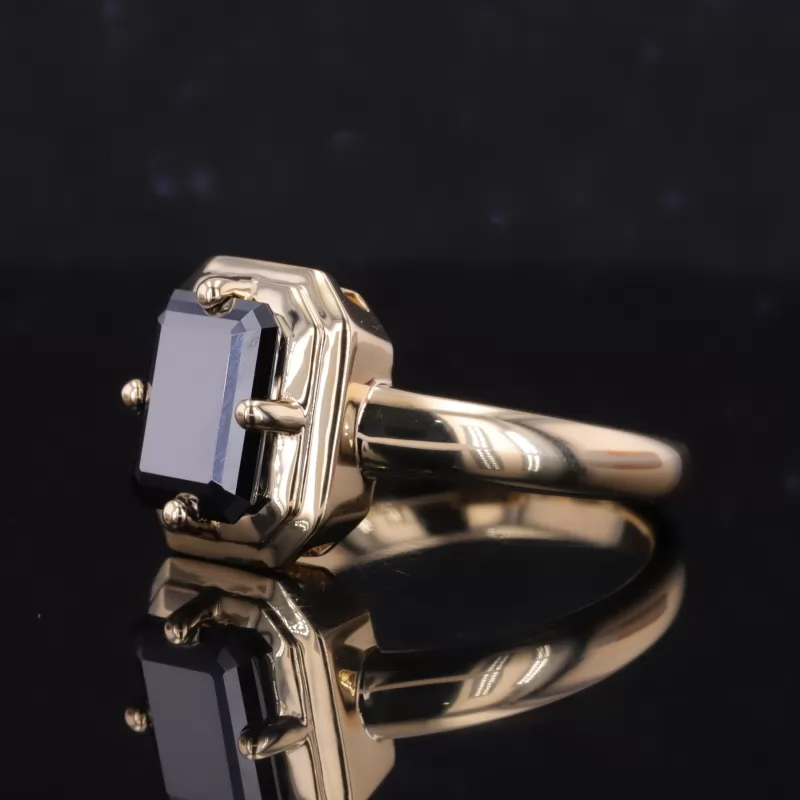 7×9mm Octagon Emerald Cut Black Moissanite 10K Yellow Gold Solitaire Engagement Ring