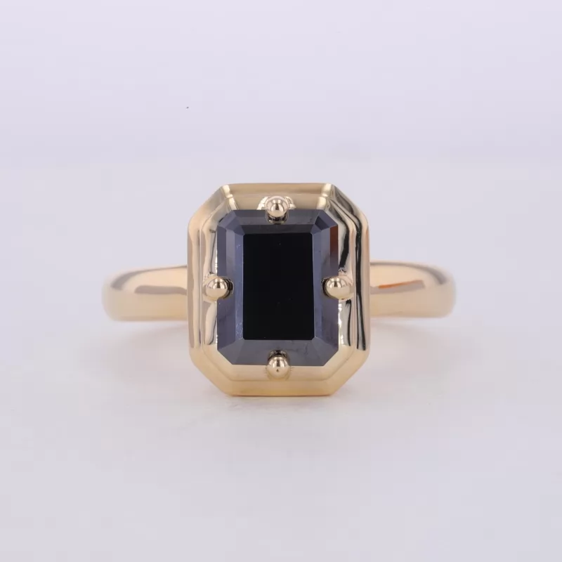 7×9mm Octagon Emerald Cut Black Moissanite 10K Yellow Gold Solitaire Engagement Ring