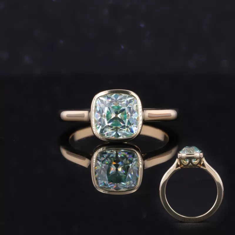 7×7mm Cushion Cut Green Moissanite Bezel Set 10K Yellow Gold Solitaire Engagement Ring