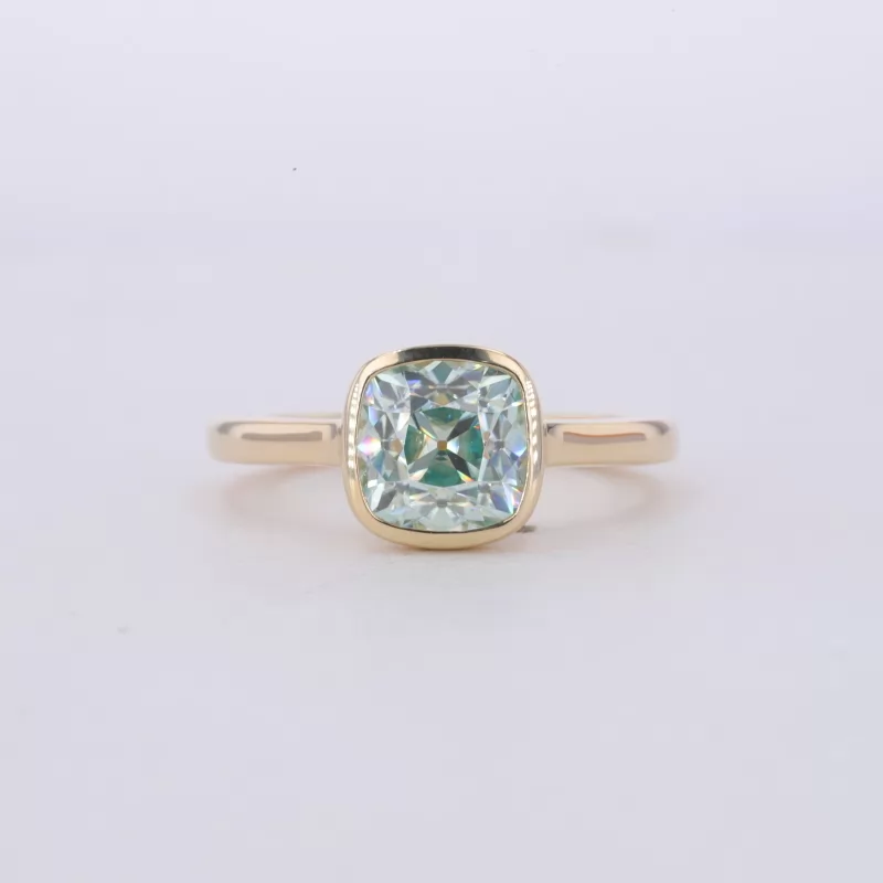 7×7mm Cushion Cut Green Moissanite Bezel Set 10K Yellow Gold Solitaire Engagement Ring