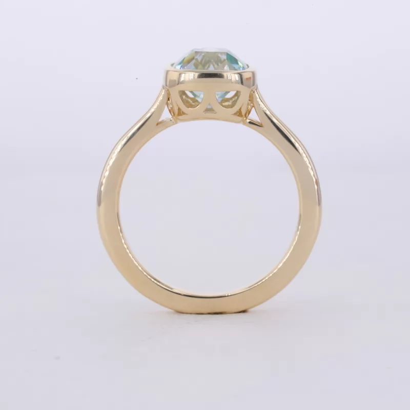 7×7mm Cushion Cut Green Moissanite Bezel Set 10K Yellow Gold Solitaire Engagement Ring