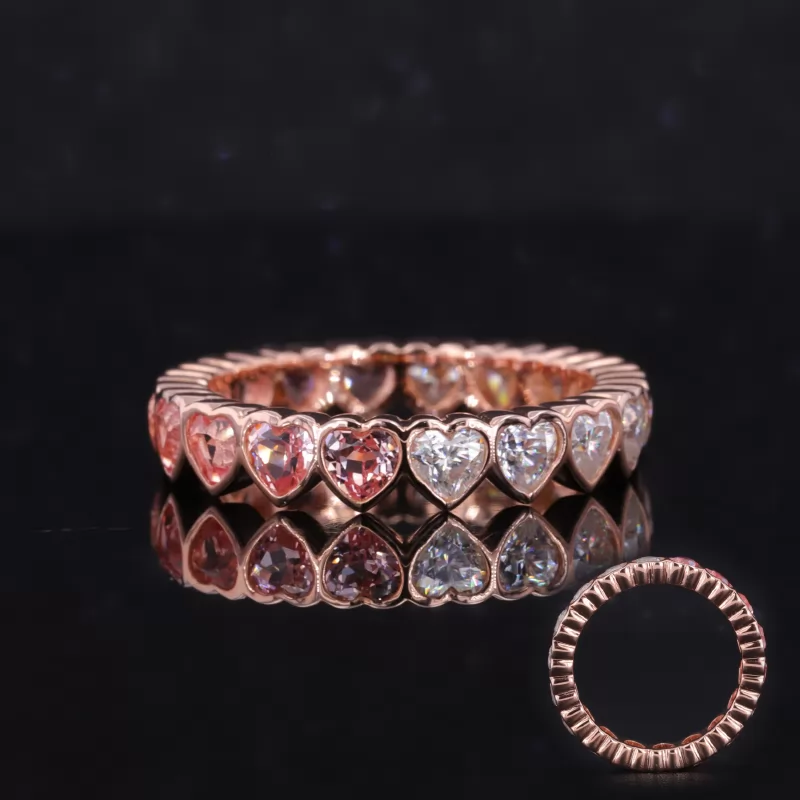 3×3mm Heart Cut Lab Gemstones Bezel Set Diamond Eternity Rings