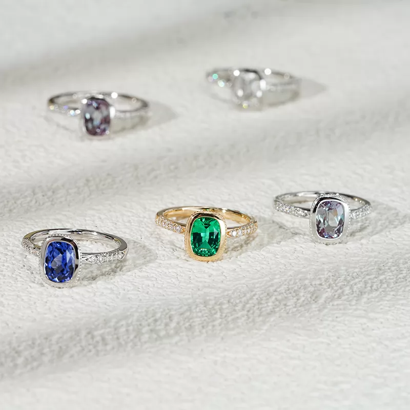 6×8mm Cushion Shape Lab Gemstones Bezel Set Solitaire Engagement Rings