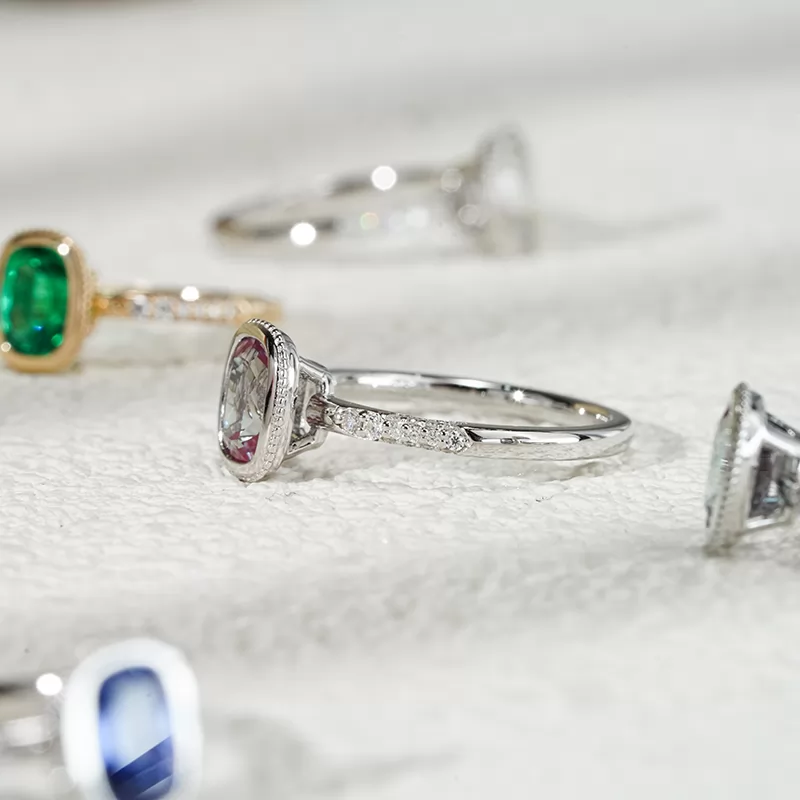 6×8mm Cushion Shape Lab Gemstones Bezel Set Solitaire Engagement Rings