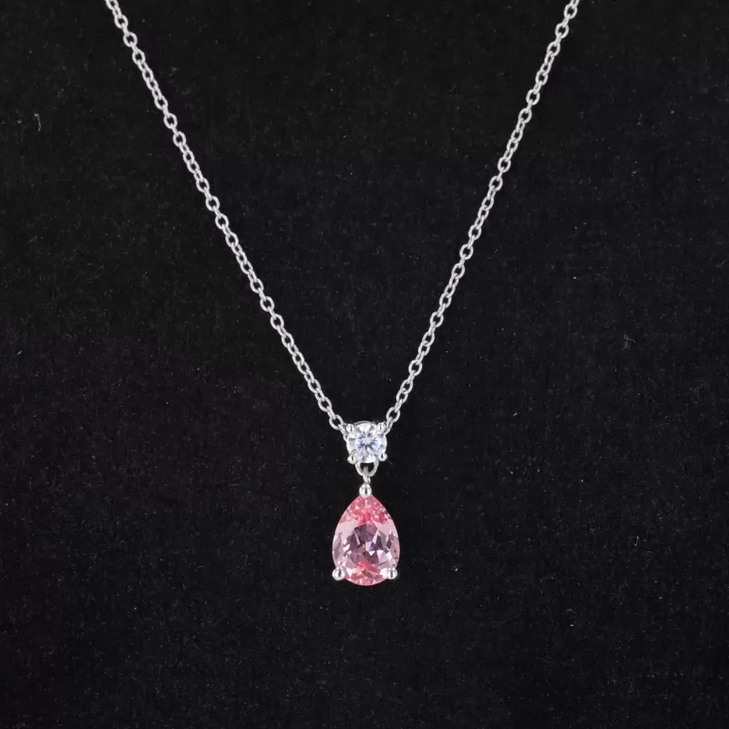 5×7mm Pear Cut Lab Grown Padparadscha Pink Sapphire S925 Sterling Silver Diamond Pendant Necklace