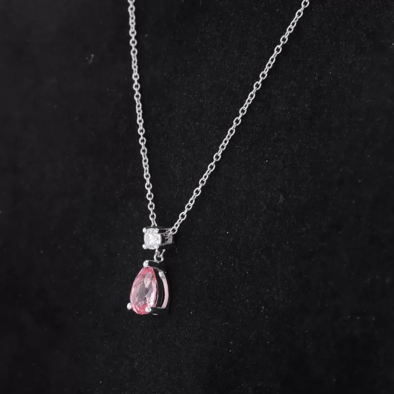 5×7mm Pear Cut Lab Grown Padparadscha Pink Sapphire S925 Sterling Silver Diamond Pendant Necklace