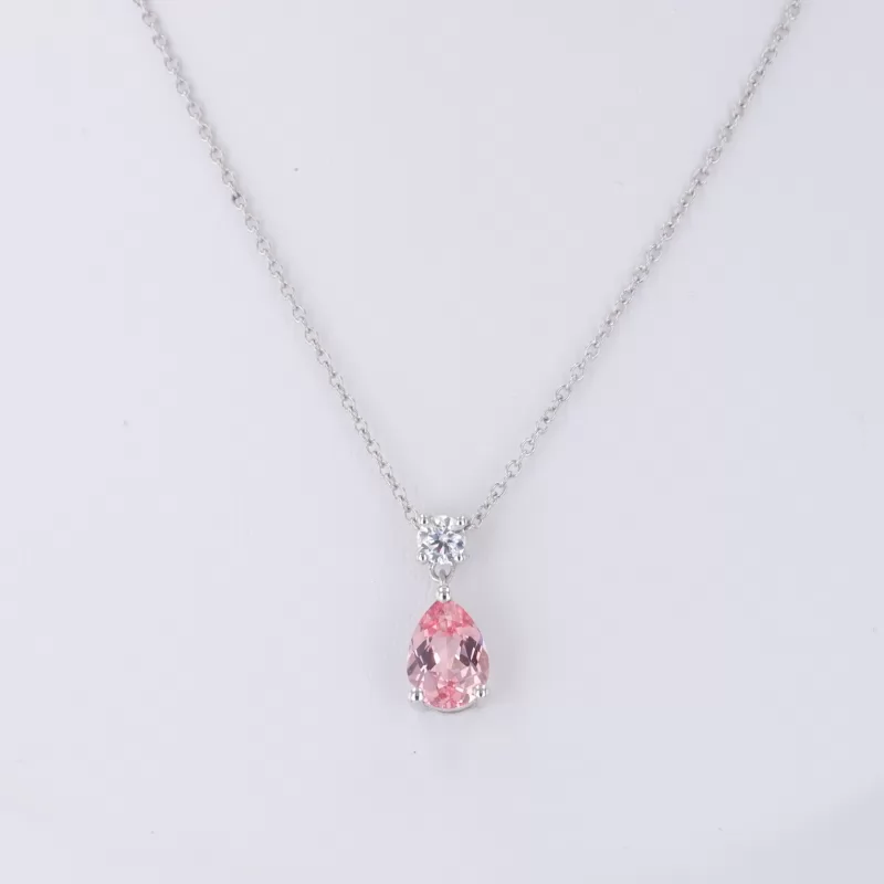 5×7mm Pear Cut Lab Grown Padparadscha Pink Sapphire S925 Sterling Silver Diamond Pendant Necklace