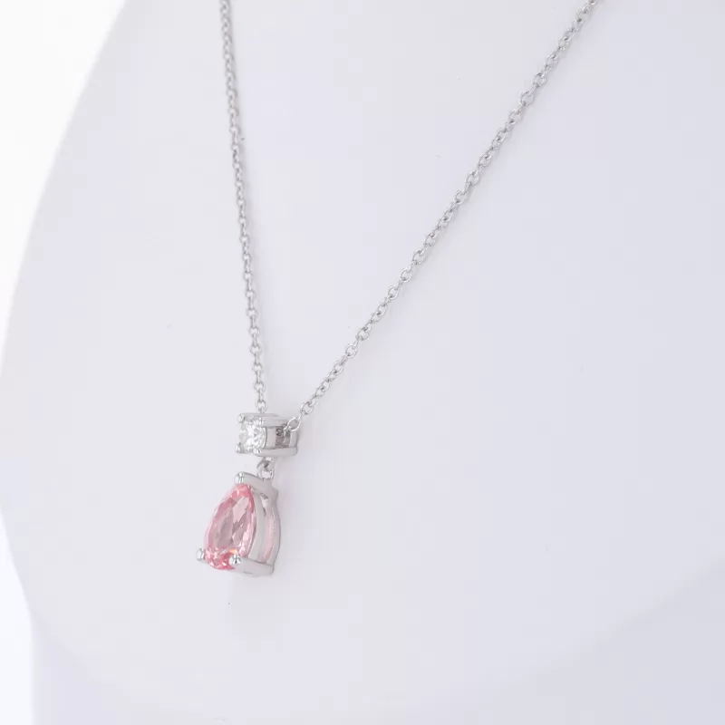 5×7mm Pear Cut Lab Grown Padparadscha Pink Sapphire S925 Sterling Silver Diamond Pendant Necklace