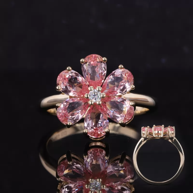 4×6mm Pear Cut Lab Grown Padparadscha Pink Sapphire 10K Yellow Gold Vintage Engagement Ring