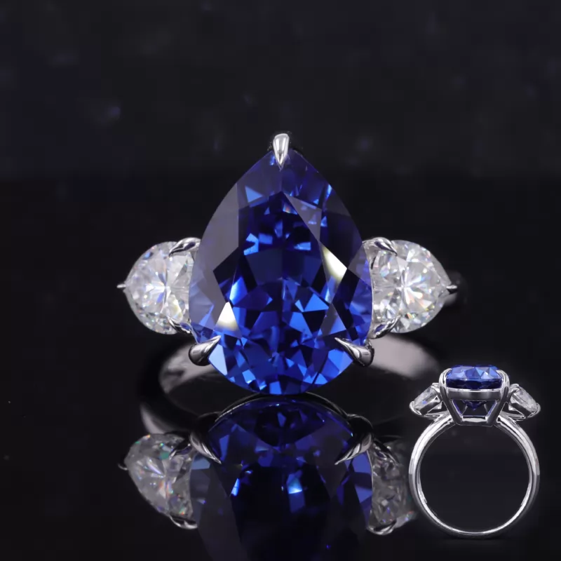 11×15mm Pear Cut Lab Grown Sapphire 10K White Gold Three Stone Engagement Ring