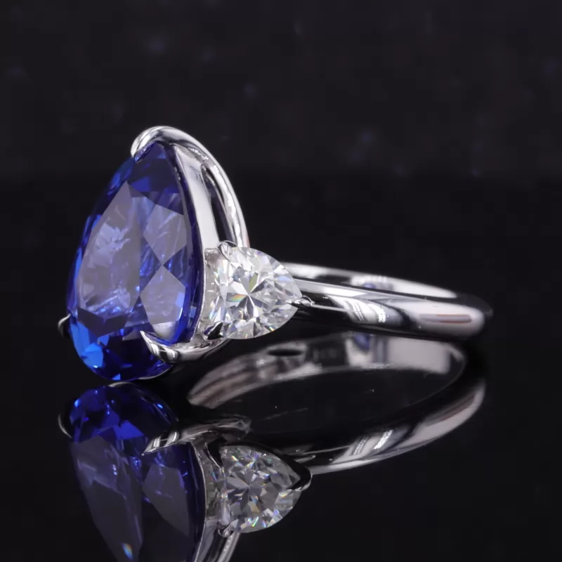 11×15mm Pear Cut Lab Grown Sapphire 10K White Gold Three Stone Engagement Ring