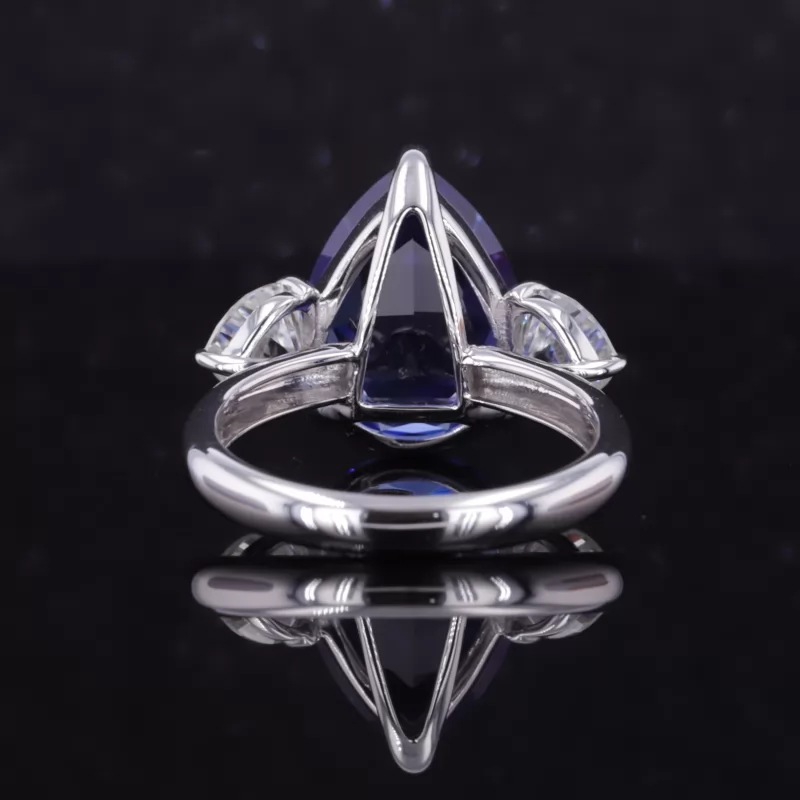 11×15mm Pear Cut Lab Grown Sapphire 10K White Gold Three Stone Engagement Ring