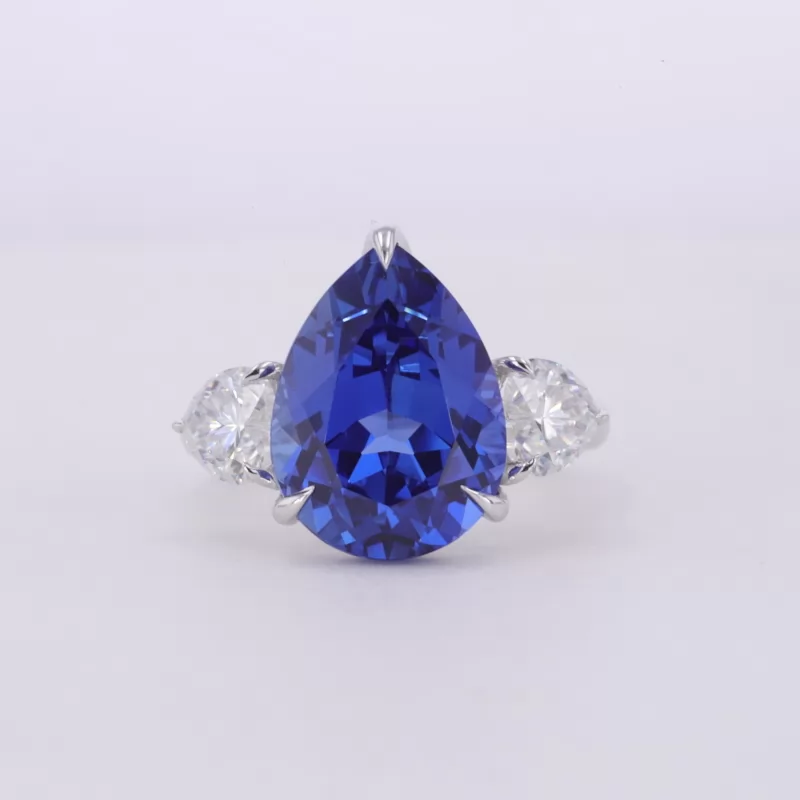 11×15mm Pear Cut Lab Grown Sapphire 10K White Gold Three Stone Engagement Ring