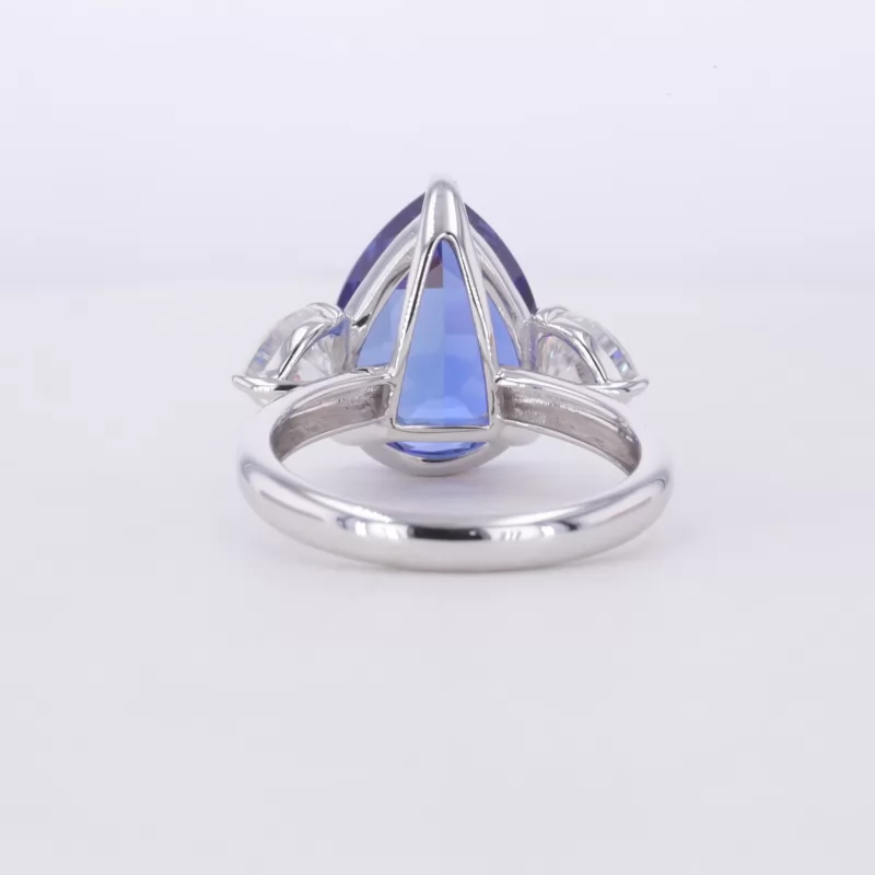 11×15mm Pear Cut Lab Grown Sapphire 10K White Gold Three Stone Engagement Ring