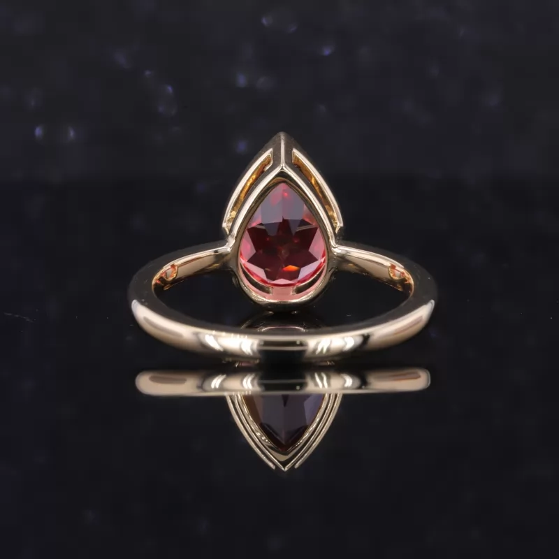 7×10mm Pear Cut Lab Grown Padparadscha Pink Sapphire Bezel Set 10K Yellow Gold Solitaire Engagement Ring