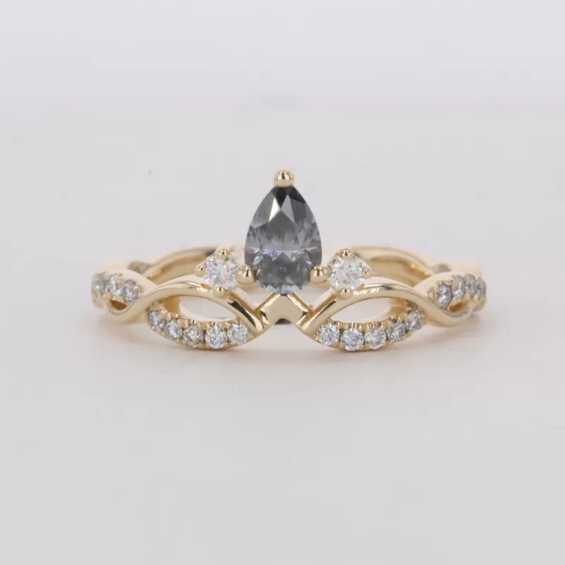 4×6mm Pear Cut Grey Color Moissanite 14K Yellow Gold Vintage Engagement Ring