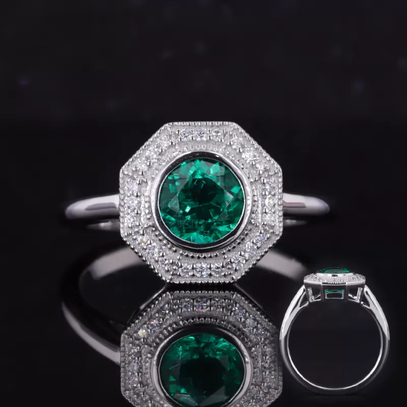 6.5mm Round Brilliant Cut Lab Grown Emerald 14K White Gold Halo Engagement Ring