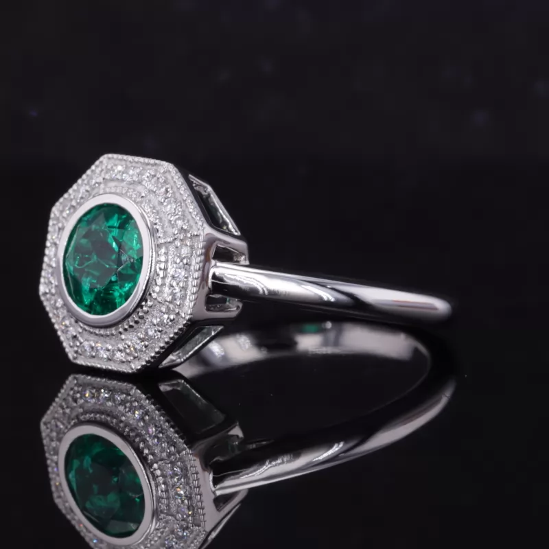 6.5mm Round Brilliant Cut Lab Grown Emerald 14K White Gold Halo Engagement Ring