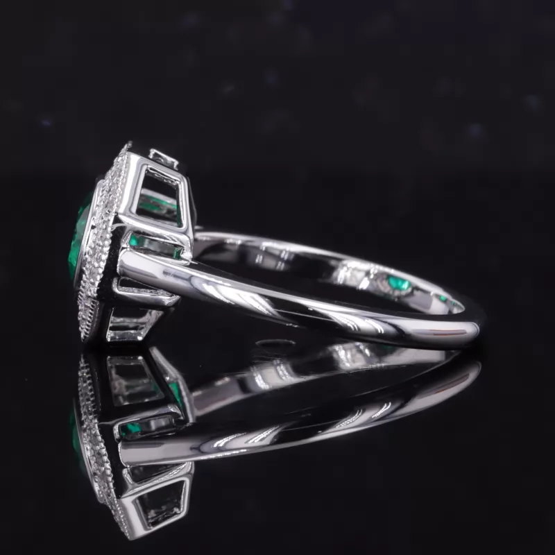 6.5mm Round Brilliant Cut Lab Grown Emerald 14K White Gold Halo Engagement Ring