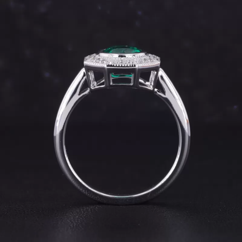 6.5mm Round Brilliant Cut Lab Grown Emerald 14K White Gold Halo Engagement Ring