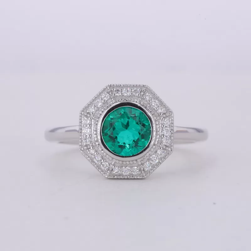 6.5mm Round Brilliant Cut Lab Grown Emerald 14K White Gold Halo Engagement Ring