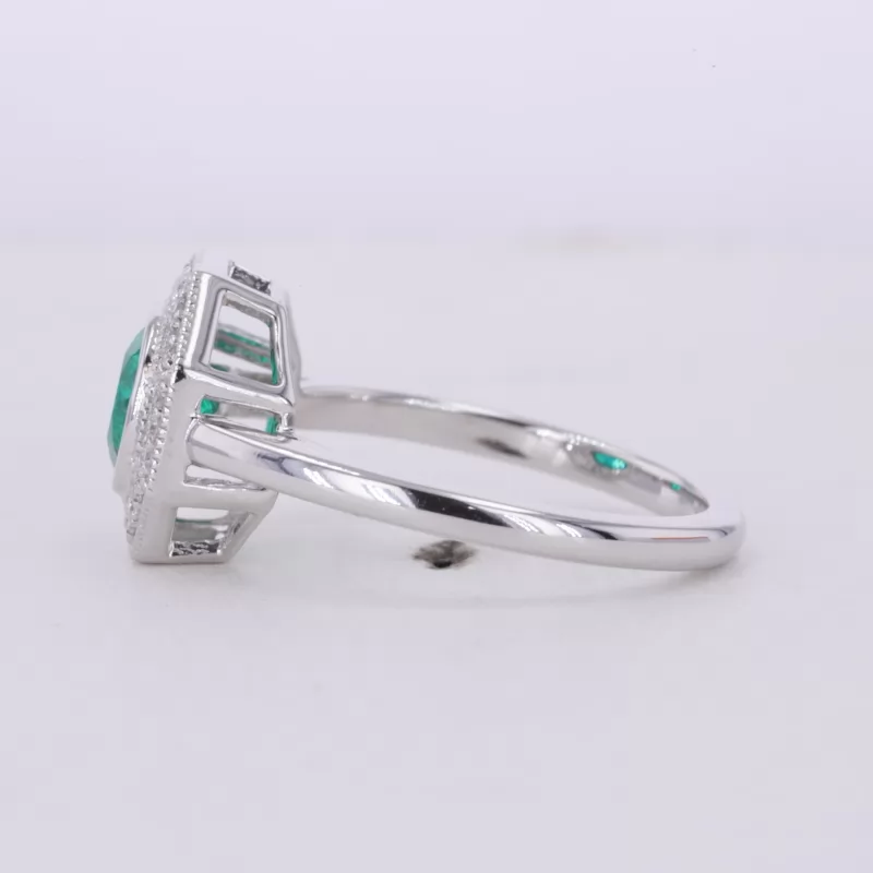 6.5mm Round Brilliant Cut Lab Grown Emerald 14K White Gold Halo Engagement Ring