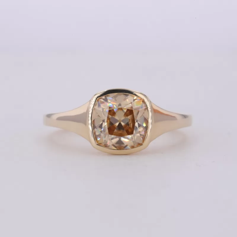 7.5×7.5mm Cushion Cut Champagne Color Moissanite Bezel Set 14K Yellow Gold Solitaire Engagement Ring