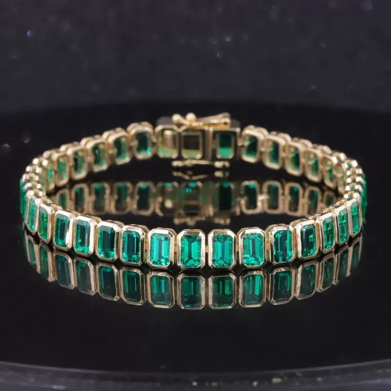 3×5mm Octagon Emerald Cut Lab Grown Emerald Bezel Set 10K Yellow Gold Tennis Bracelet