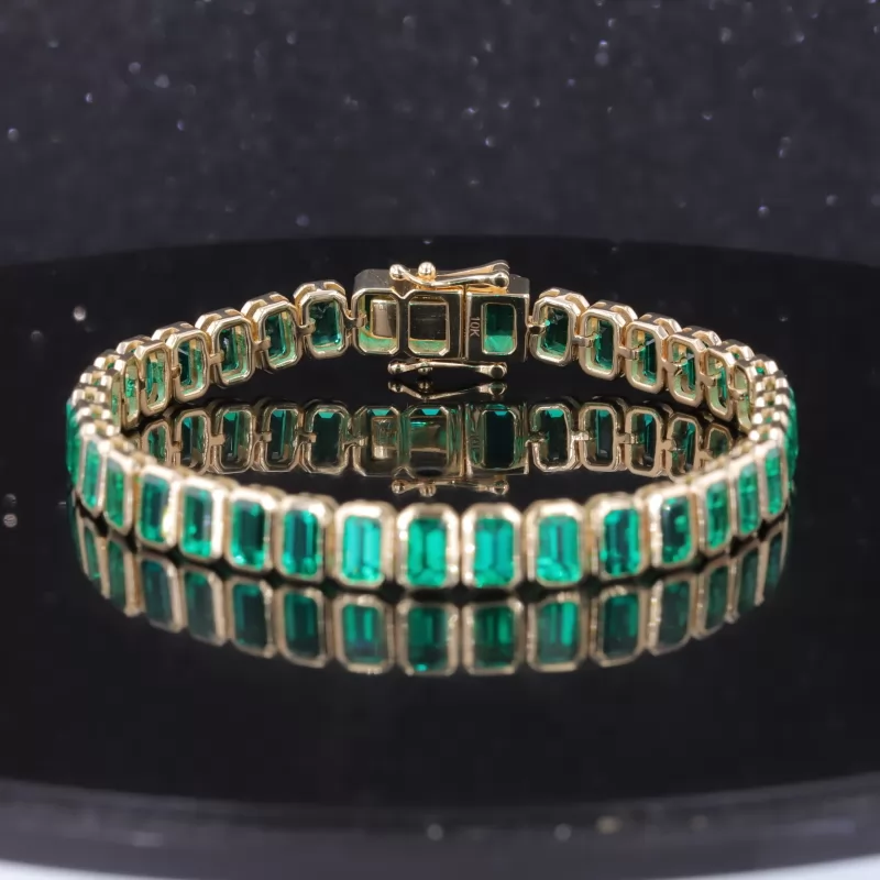 3×5mm Octagon Emerald Cut Lab Grown Emerald Bezel Set 10K Yellow Gold Tennis Bracelet