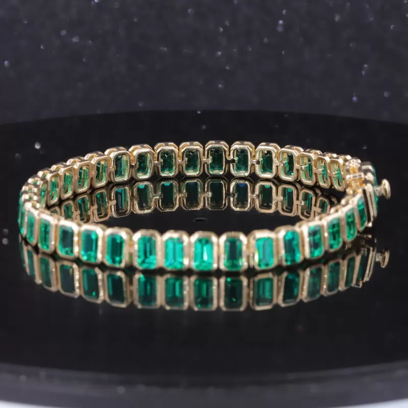 3×5mm Octagon Emerald Cut Lab Grown Emerald Bezel Set 10K Yellow Gold Tennis Bracelet