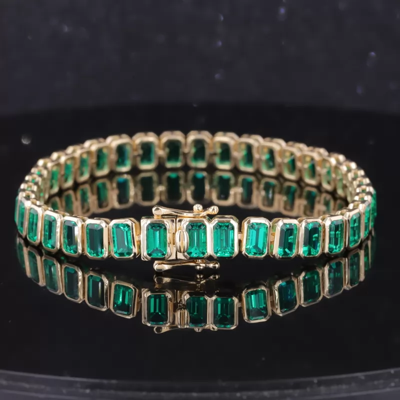 3×5mm Octagon Emerald Cut Lab Grown Emerald Bezel Set 10K Yellow Gold Tennis Bracelet