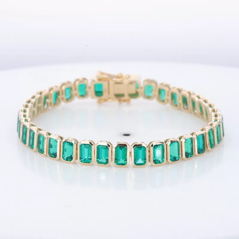 3×5mm Octagon Emerald Cut Lab Grown Emerald Bezel Set 10K Yellow Gold Tennis Bracelet