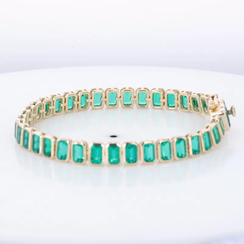 3×5mm Octagon Emerald Cut Lab Grown Emerald Bezel Set 10K Yellow Gold Tennis Bracelet