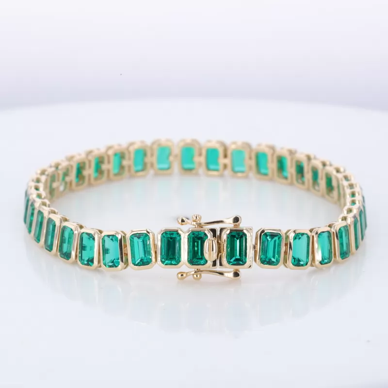 3×5mm Octagon Emerald Cut Lab Grown Emerald Bezel Set 10K Yellow Gold Tennis Bracelet