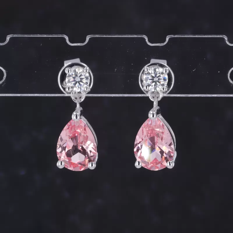 5×7mm Pear Cut Lab Grown Padparadscha Pink Sapphire S925 Sterling Silver Diamond Earrings