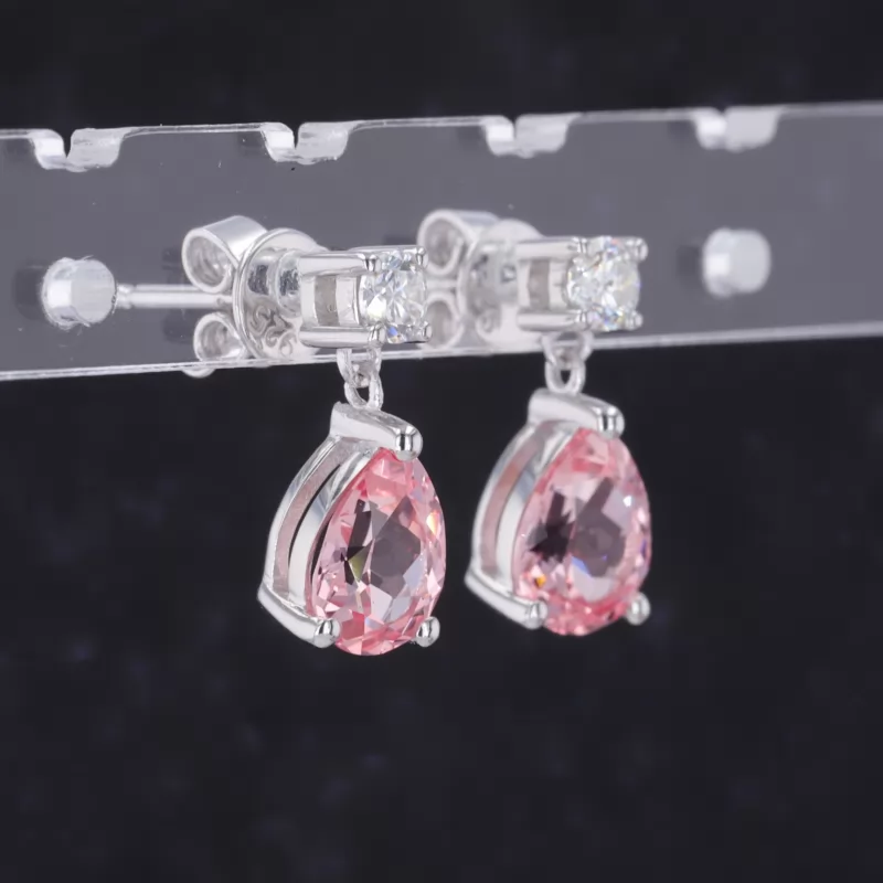 5×7mm Pear Cut Lab Grown Padparadscha Pink Sapphire S925 Sterling Silver Diamond Earrings