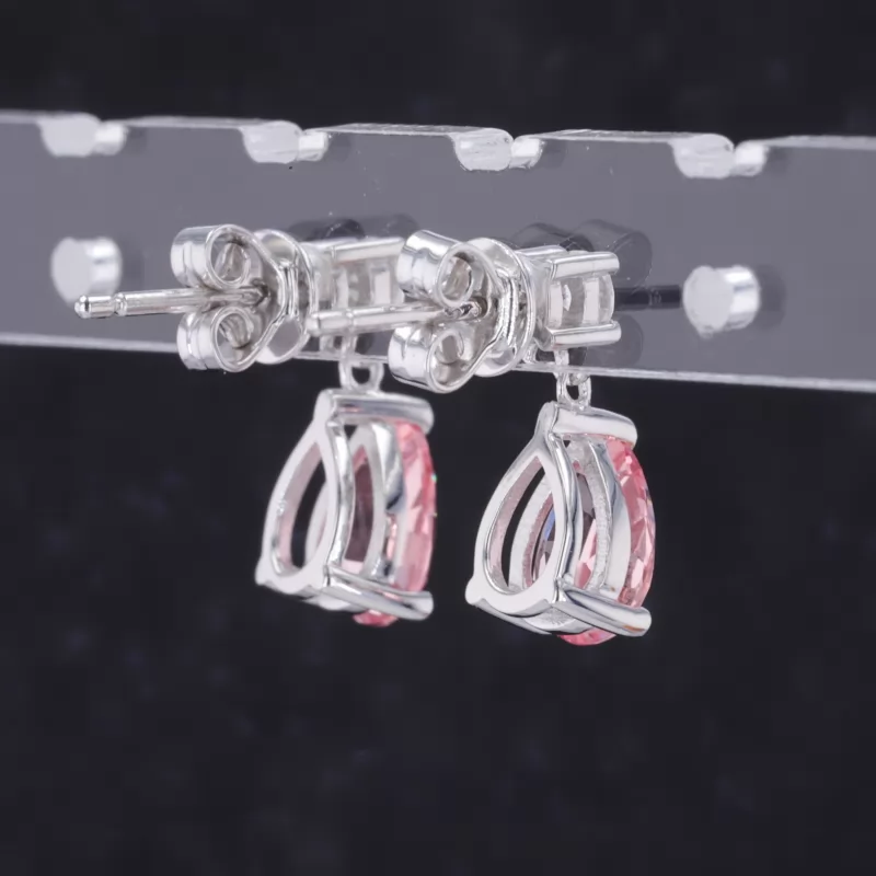 5×7mm Pear Cut Lab Grown Padparadscha Pink Sapphire S925 Sterling Silver Diamond Earrings