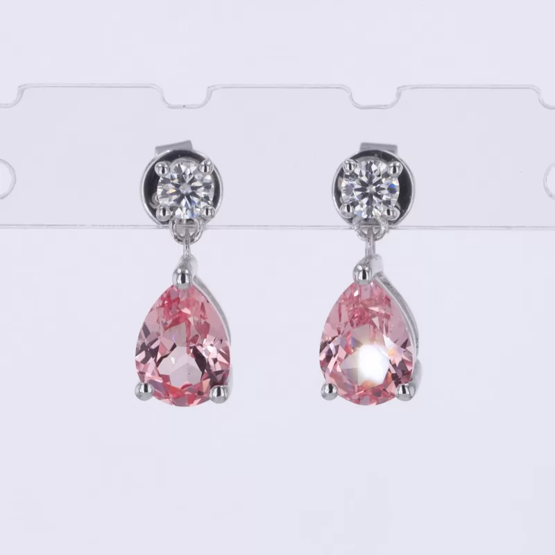 5×7mm Pear Cut Lab Grown Padparadscha Pink Sapphire S925 Sterling Silver Diamond Earrings