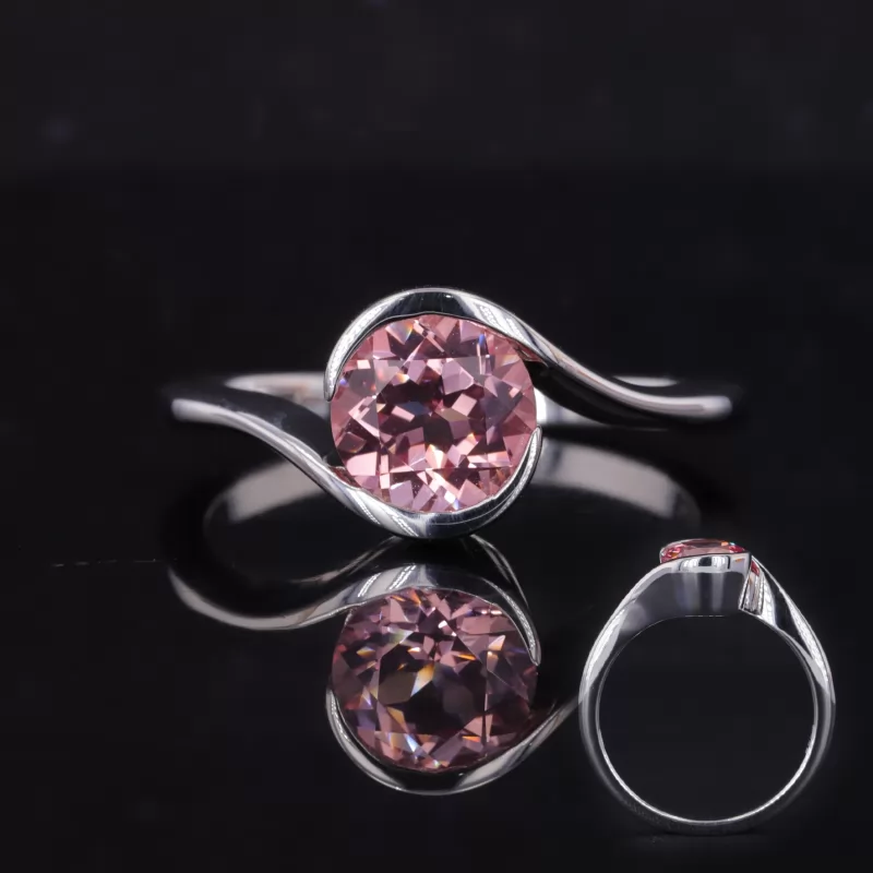 7mm Round Brilliant Cut Lab Grown Padparadscha Pink Sapphire S925 Sterling Silver Tension Set Engagement Ring