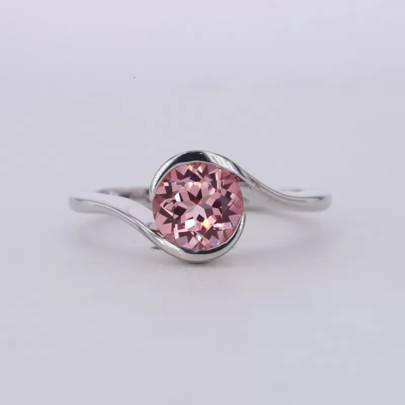 7mm Round Brilliant Cut Lab Grown Padparadscha Pink Sapphire S925 Sterling Silver Tension Set Engagement Ring