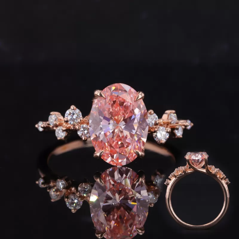 9.99×7.18mm Oval Cut Pink Color Lab Grown Diamond With Side Lab Grown Diamond 14K Rose Gold Engagement Ring