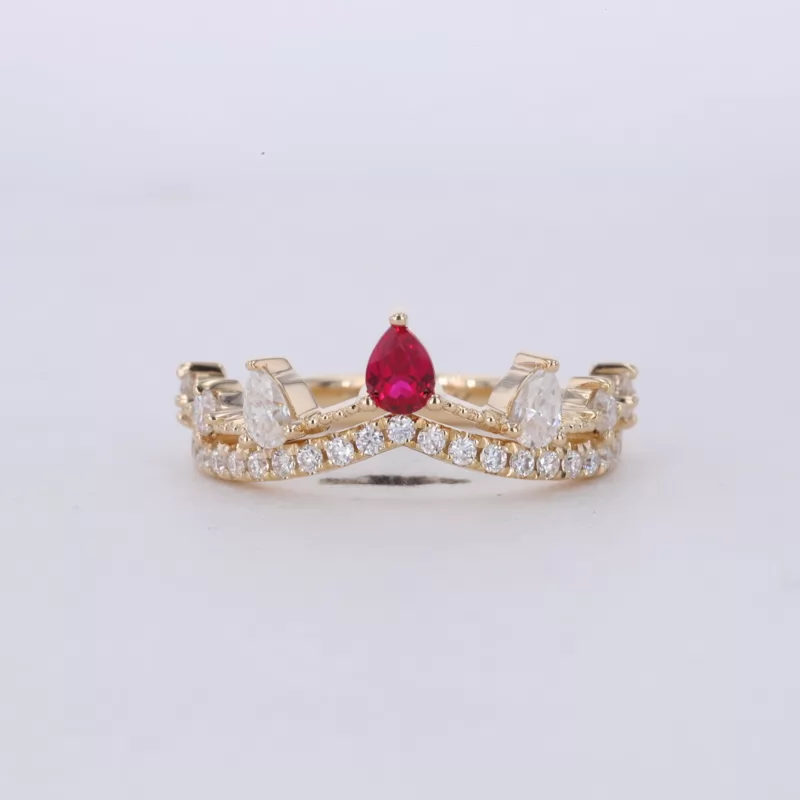 3×4mm Pear Cut Lab Grown Ruby 10K Yellow Gold Vintage Engagement Ring