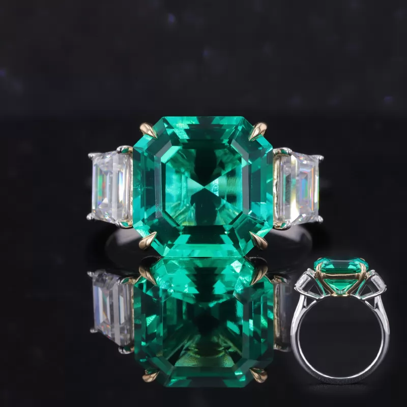 11×11mm Asscher Cut Lab Grown Emerald 14K White Gold Three Stone Engagement Ring