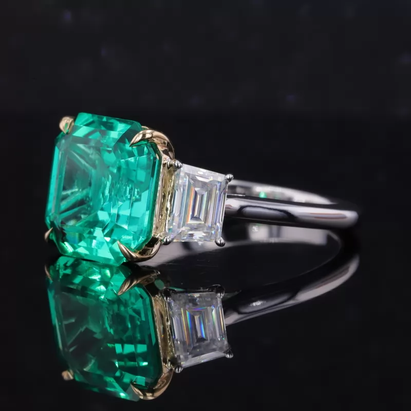 11×11mm Asscher Cut Lab Grown Emerald 14K White Gold Three Stone Engagement Ring