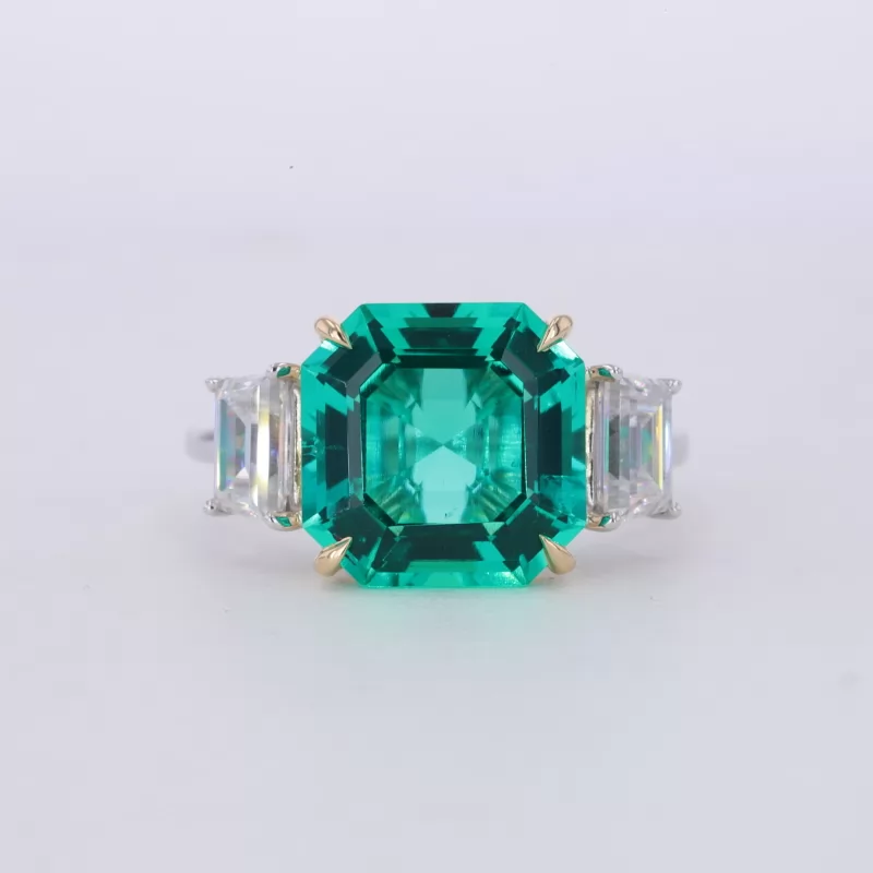 11×11mm Asscher Cut Lab Grown Emerald 14K White Gold Three Stone Engagement Ring