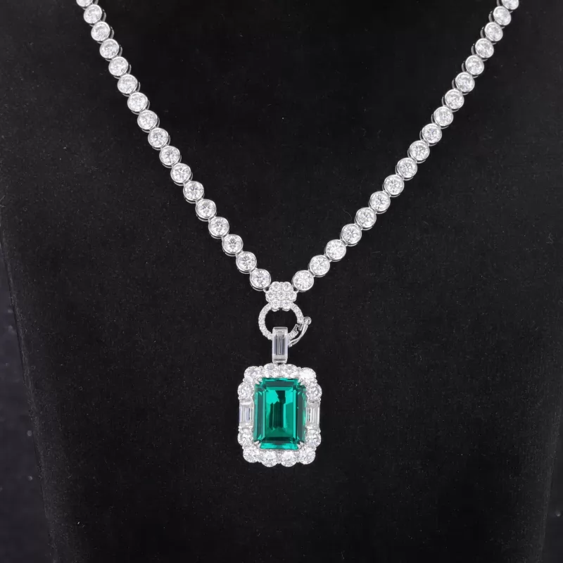 10×14mm Octagon Emerald Cut Lab Grown Emerald Halo Set 9K White Gold Diamond Pendant Necklace