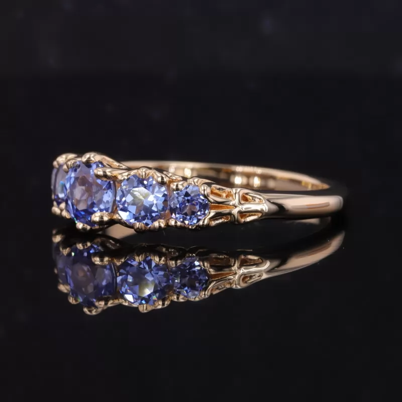 5mm Round Brilliant Cut Lab Grown Sapphire 14K Yellow Gold Five Stone Diamond Ring