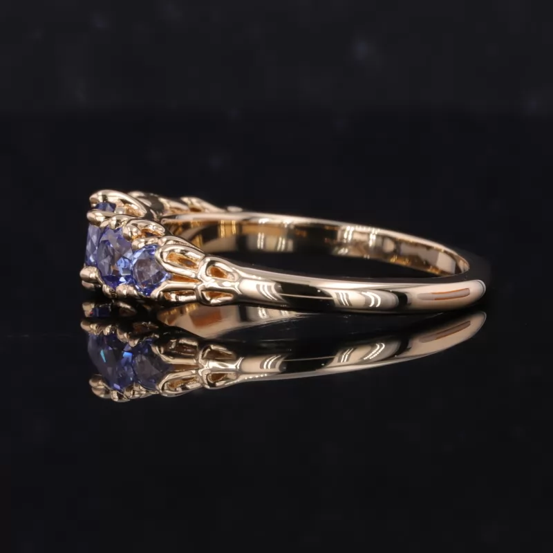 5mm Round Brilliant Cut Lab Grown Sapphire 14K Yellow Gold Five Stone Diamond Ring