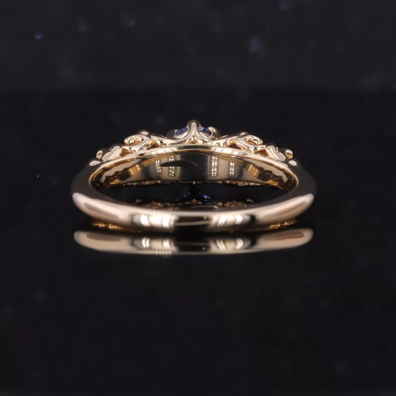 5mm Round Brilliant Cut Lab Grown Sapphire 14K Yellow Gold Five Stone Diamond Ring