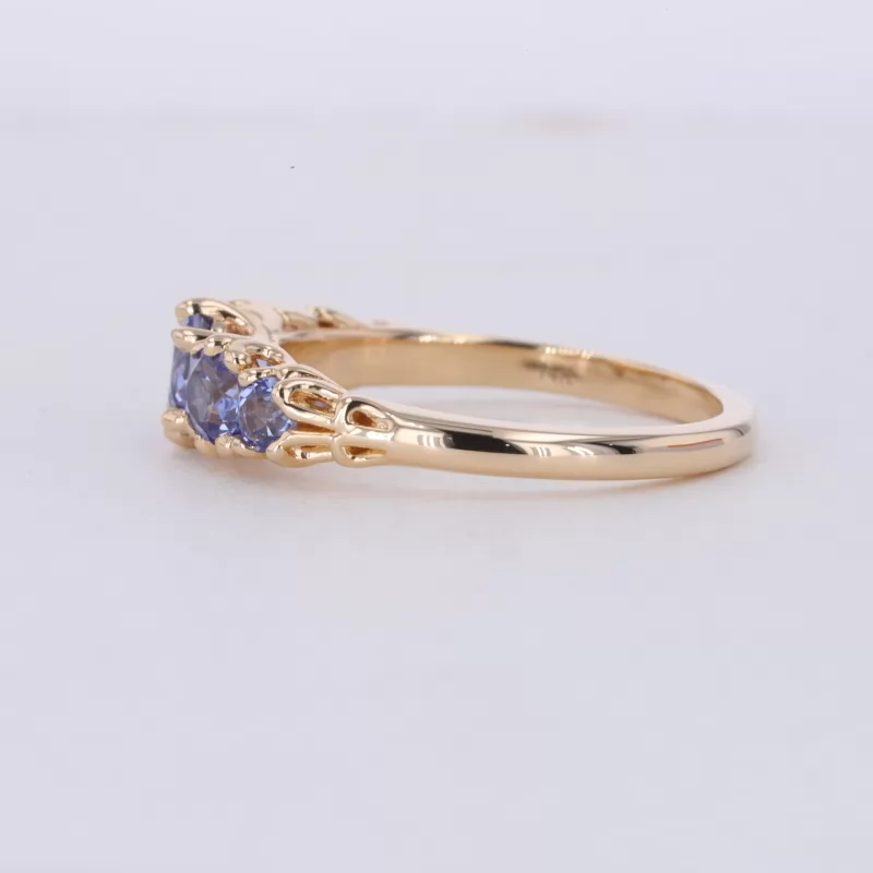 5mm Round Brilliant Cut Lab Grown Sapphire 14K Yellow Gold Five Stone Diamond Ring